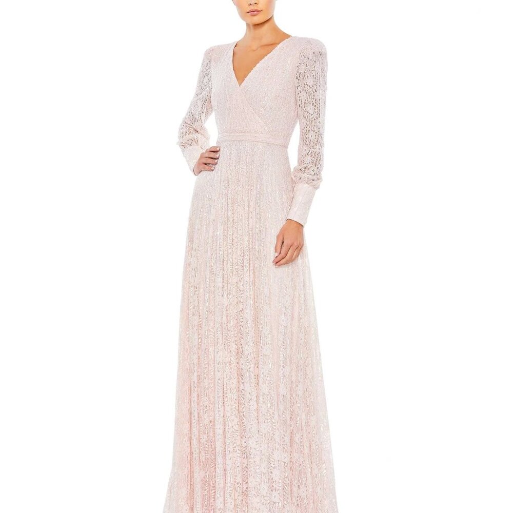 Mac‎ Duggal light rose Beaded Lace Long Sleeve Wrap Over Gown 6 -$798